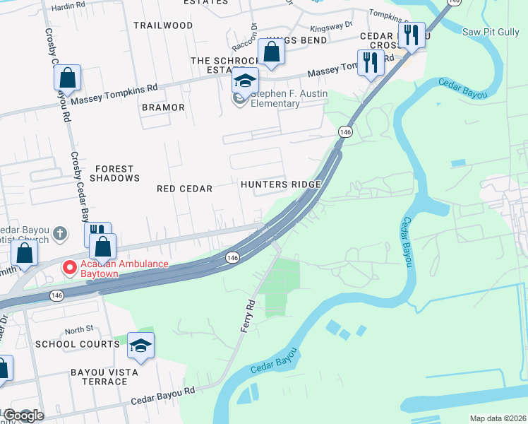 map of restaurants, bars, coffee shops, grocery stores, and more near 3750 North Alexander Drive in Baytown
