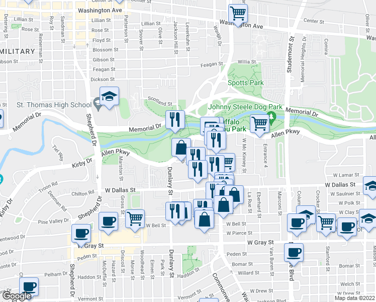 map of restaurants, bars, coffee shops, grocery stores, and more near 3401 Allen Parkway in Houston