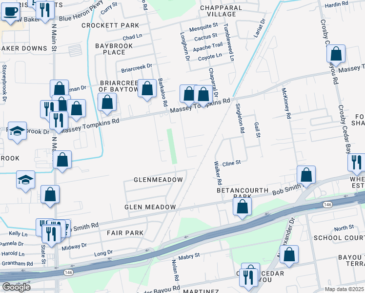 map of restaurants, bars, coffee shops, grocery stores, and more near 3435 Sunny Drive in Baytown