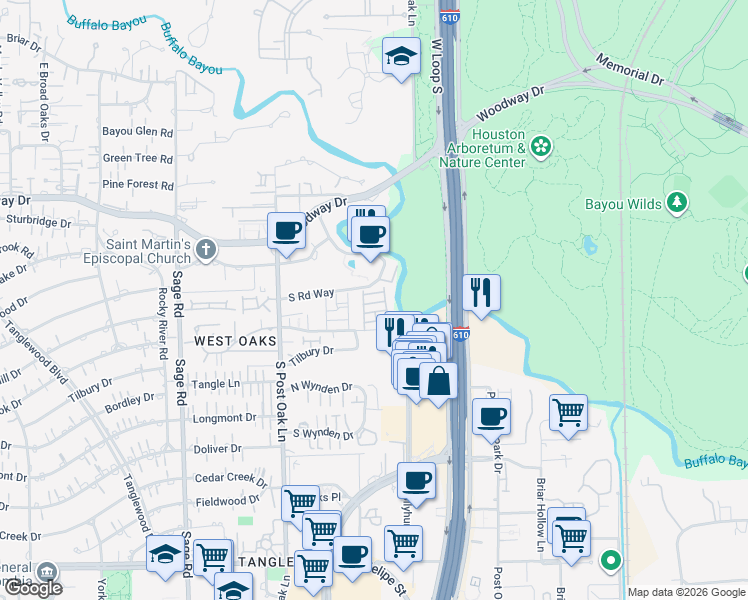 map of restaurants, bars, coffee shops, grocery stores, and more near 4726 Post Oak Timber Drive in Houston