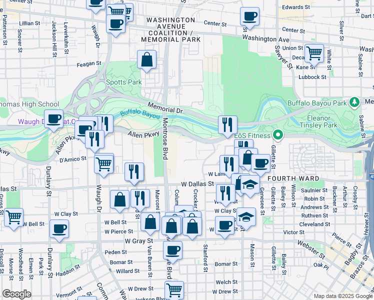 map of restaurants, bars, coffee shops, grocery stores, and more near 2121 Allen Parkway in Houston