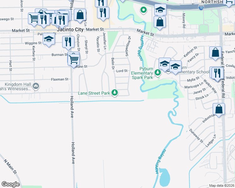 map of restaurants, bars, coffee shops, grocery stores, and more near 11501 Lane Street in Houston