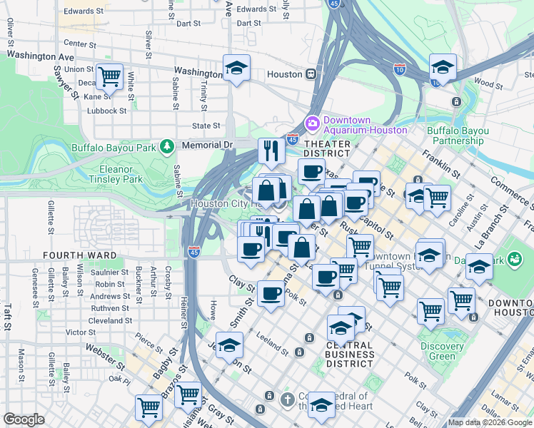 map of restaurants, bars, coffee shops, grocery stores, and more near in Houston