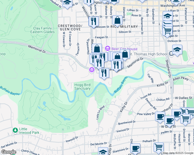 map of restaurants, bars, coffee shops, grocery stores, and more near 101 Westcott Street in Houston