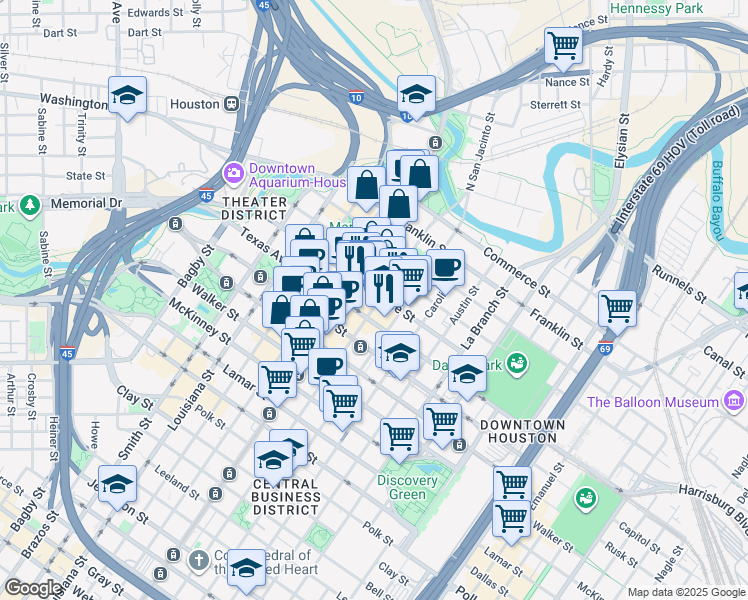 map of restaurants, bars, coffee shops, grocery stores, and more near 500 Fannin Street in Houston