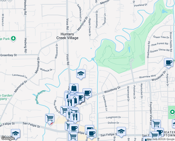 map of restaurants, bars, coffee shops, grocery stores, and more near 6559 Bayou Glen Road in Houston