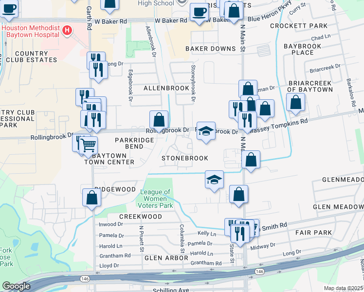 map of restaurants, bars, coffee shops, grocery stores, and more near Unnamed Road in Baytown