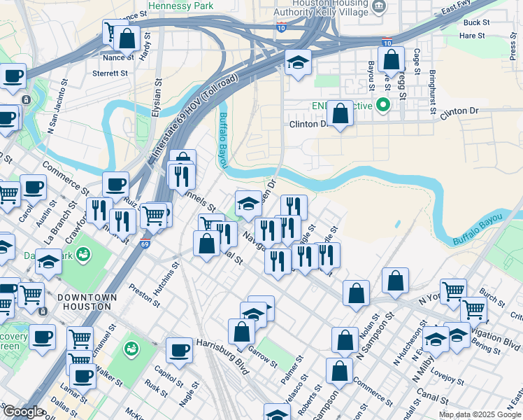 map of restaurants, bars, coffee shops, grocery stores, and more near 2411 Ann Street in Houston