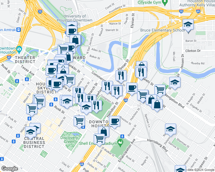map of restaurants, bars, coffee shops, grocery stores, and more near 120 Jackson Street in Houston