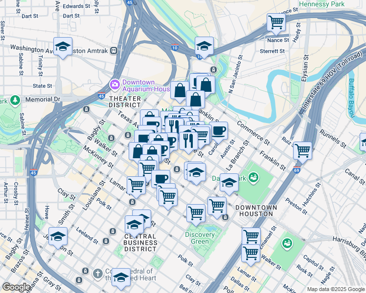 map of restaurants, bars, coffee shops, grocery stores, and more near 1112 Prairie Street in Houston