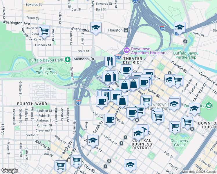 map of restaurants, bars, coffee shops, grocery stores, and more near in Houston