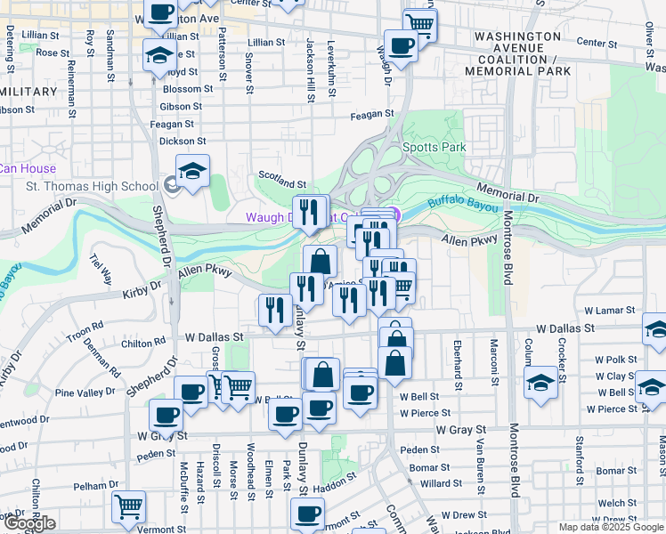 map of restaurants, bars, coffee shops, grocery stores, and more near 3401 Allen Parkway in Houston