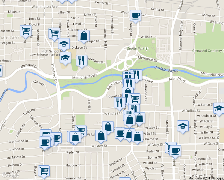 map of restaurants, bars, coffee shops, grocery stores, and more near 3401 Allen Parkway in Houston