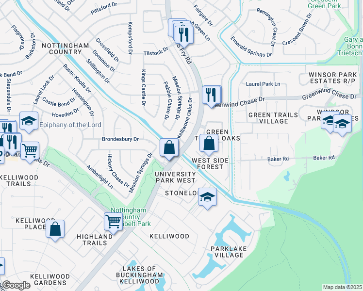 map of restaurants, bars, coffee shops, grocery stores, and more near 1690 Kelliwood Oaks Drive in Katy