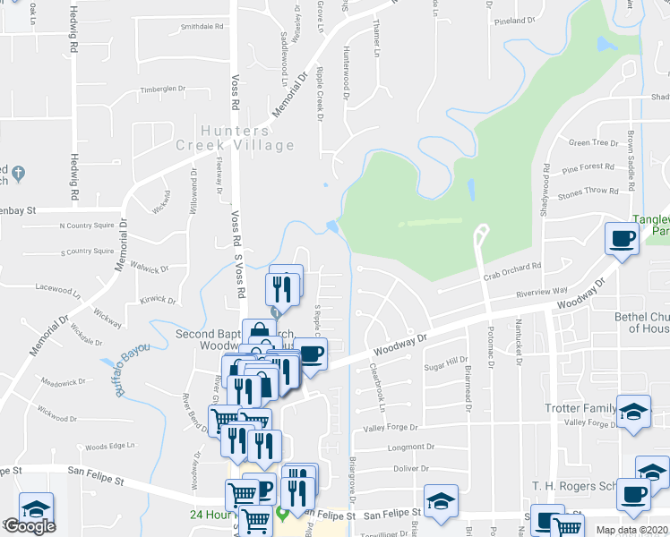 map of restaurants, bars, coffee shops, grocery stores, and more near 6312 Deerwood Road in Houston