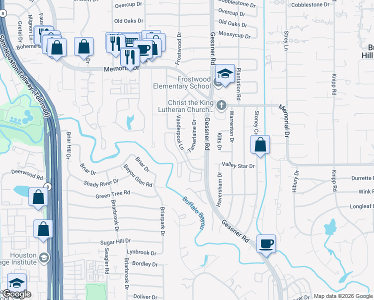 map of restaurants, bars, coffee shops, grocery stores, and more near 234 Vanderpool Lane in Houston