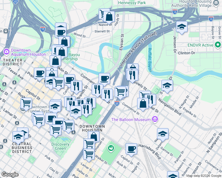 map of restaurants, bars, coffee shops, grocery stores, and more near 32 North Chenevert Street in Houston