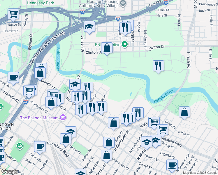 map of restaurants, bars, coffee shops, grocery stores, and more near 2777 Freund Street in Houston