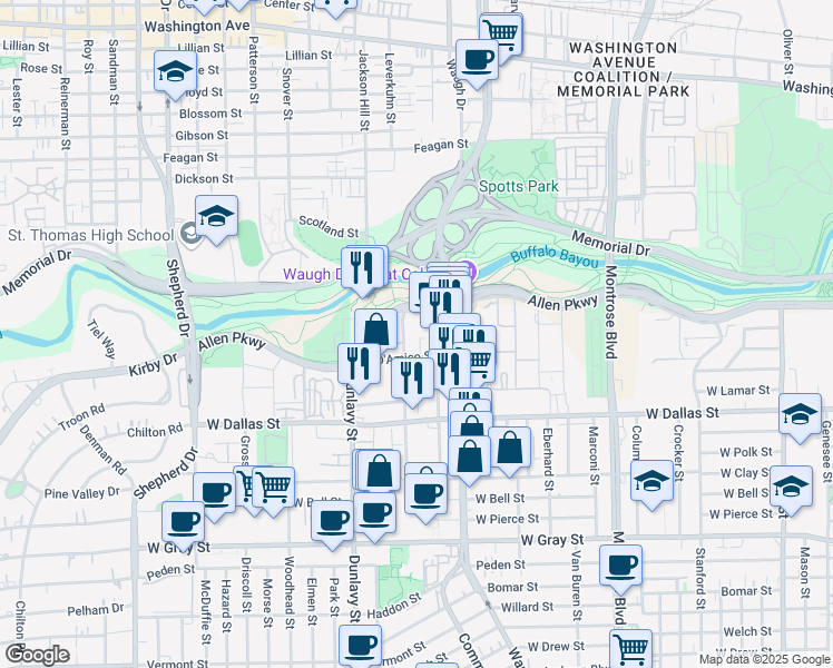map of restaurants, bars, coffee shops, grocery stores, and more near 3231 Allen Parkway in Houston