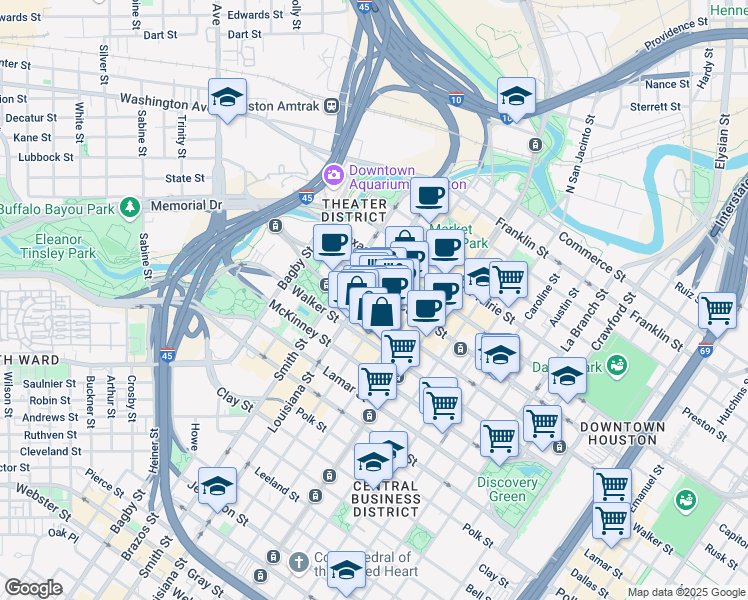 map of restaurants, bars, coffee shops, grocery stores, and more near 711 Louisiana Street in Houston