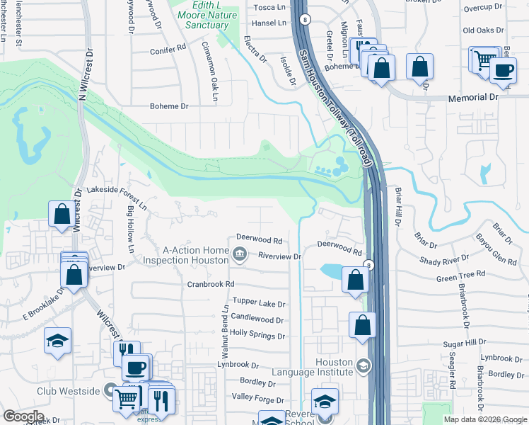 map of restaurants, bars, coffee shops, grocery stores, and more near 10619 Bayou Glen Road in Houston