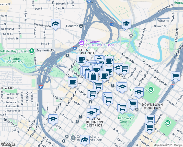 map of restaurants, bars, coffee shops, grocery stores, and more near 711 Louisiana Street in Houston