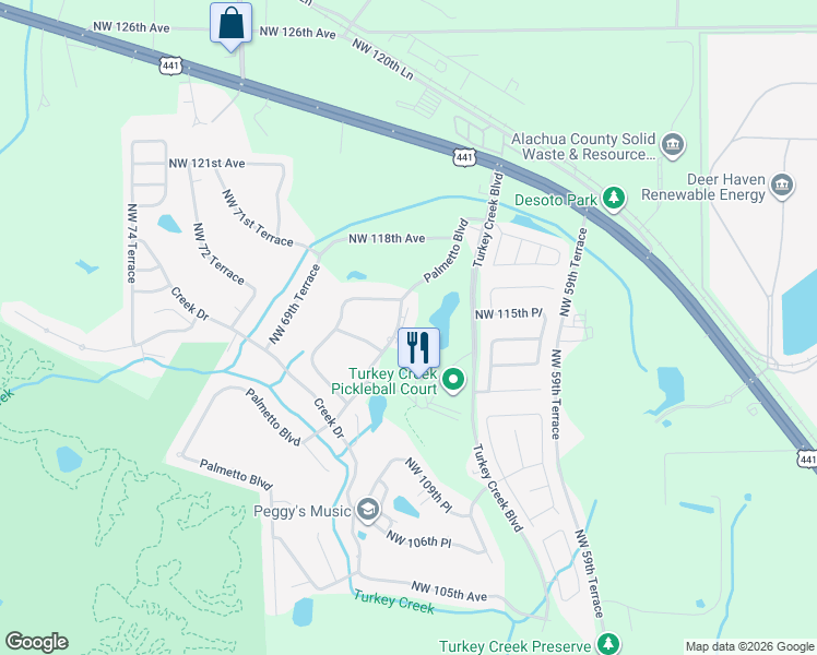 map of restaurants, bars, coffee shops, grocery stores, and more near 11417 Palmetto Boulevard in Alachua
