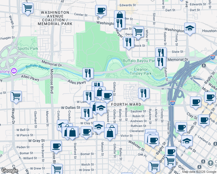 map of restaurants, bars, coffee shops, grocery stores, and more near 662 Gillette Street in Houston