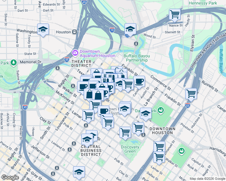 map of restaurants, bars, coffee shops, grocery stores, and more near 513 Main street in Houston