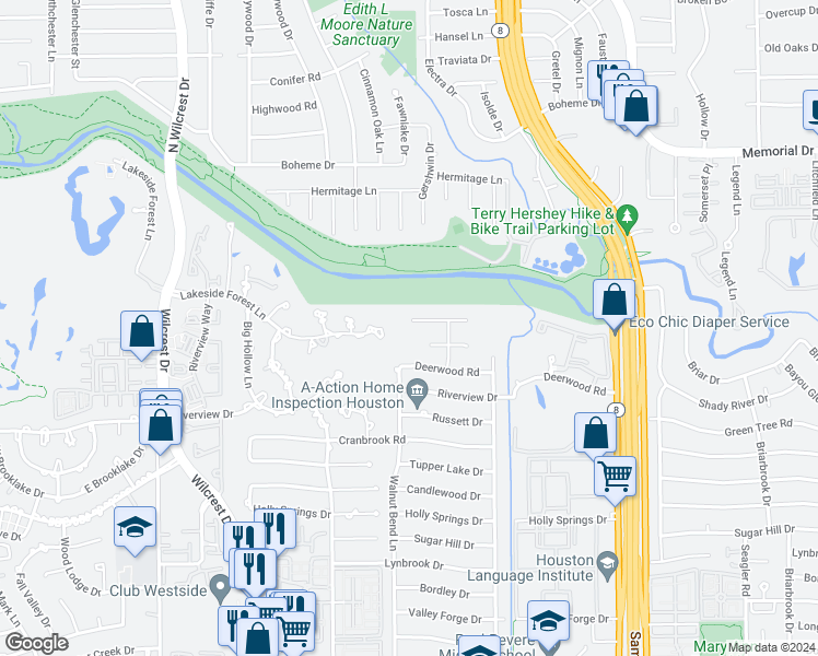 map of restaurants, bars, coffee shops, grocery stores, and more near 10723 Bayou Glen Road in Houston