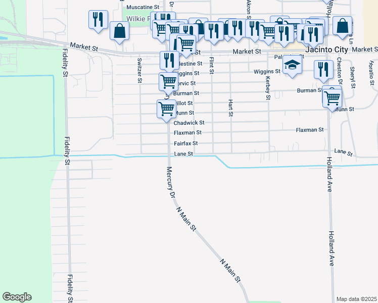 map of restaurants, bars, coffee shops, grocery stores, and more near 10337 Lane Street in Houston