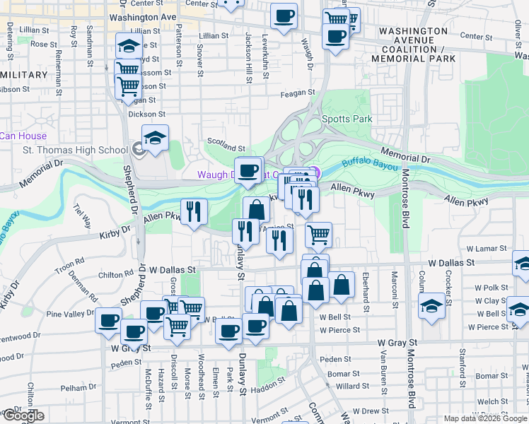 map of restaurants, bars, coffee shops, grocery stores, and more near 3401 Allen Parkway in Houston