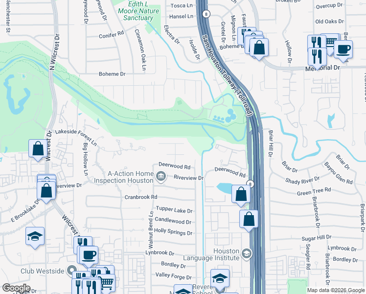 map of restaurants, bars, coffee shops, grocery stores, and more near 10619 Bayou Glen Road in Houston
