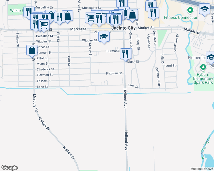 map of restaurants, bars, coffee shops, grocery stores, and more near 10902 Lane Street in Houston