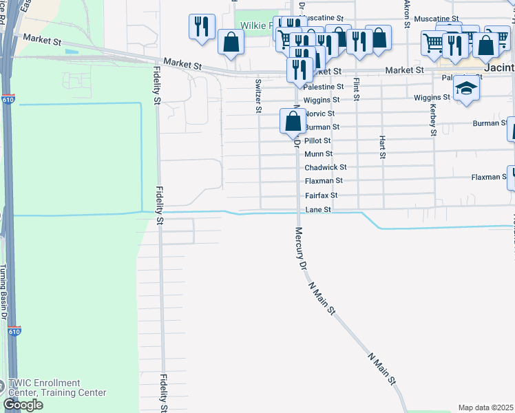map of restaurants, bars, coffee shops, grocery stores, and more near 10145 Lane Street in Houston