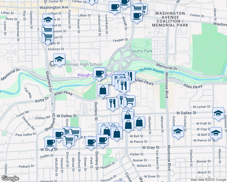 map of restaurants, bars, coffee shops, grocery stores, and more near 3231 Allen Parkway in Houston