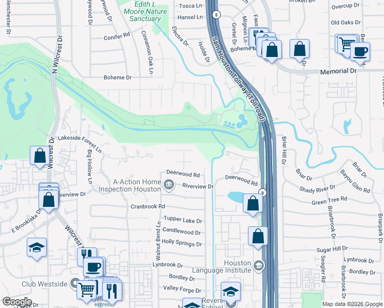 map of restaurants, bars, coffee shops, grocery stores, and more near 10619 Bayou Glen Road in Houston