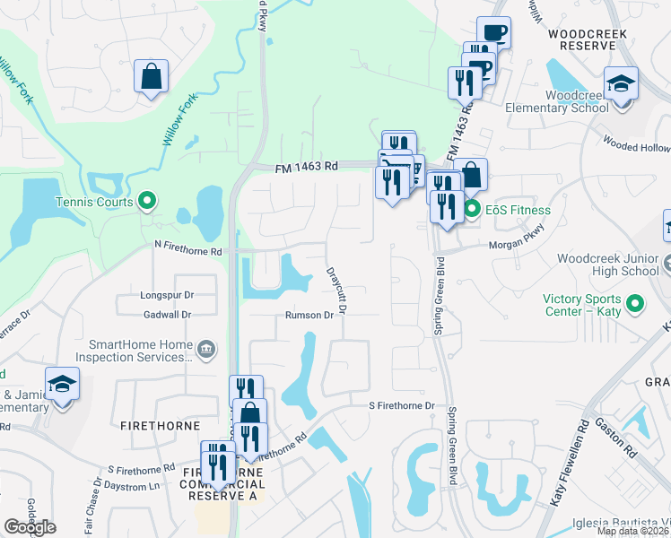 map of restaurants, bars, coffee shops, grocery stores, and more near 2219 Draycutt Drive in Katy