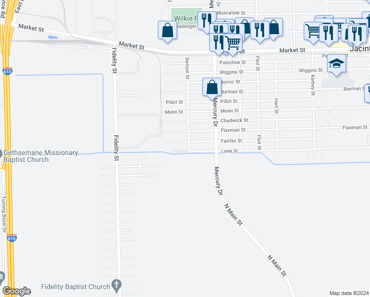 map of restaurants, bars, coffee shops, grocery stores, and more near 10145 Lane Street in Houston