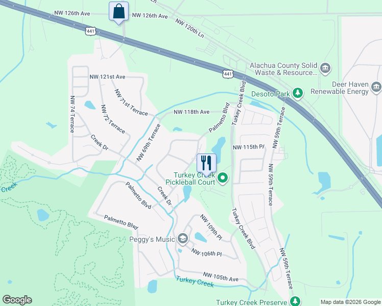 map of restaurants, bars, coffee shops, grocery stores, and more near 11402 Palmetto Boulevard in Alachua