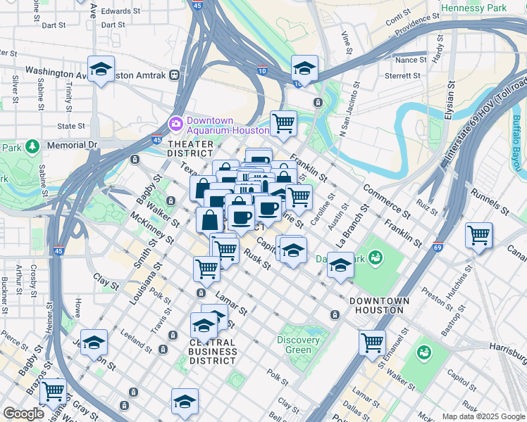 map of restaurants, bars, coffee shops, grocery stores, and more near 502 Main Street in Houston