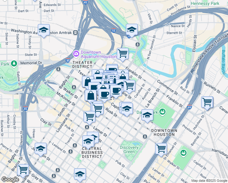 map of restaurants, bars, coffee shops, grocery stores, and more near in Houston