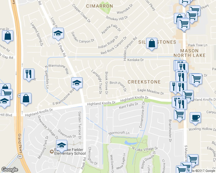 map of restaurants, bars, coffee shops, grocery stores, and more near 22738 Castleton Creek Court in Katy