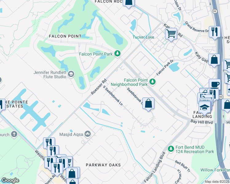 map of restaurants, bars, coffee shops, grocery stores, and more near 2707 Saddlebrook Lane in Katy