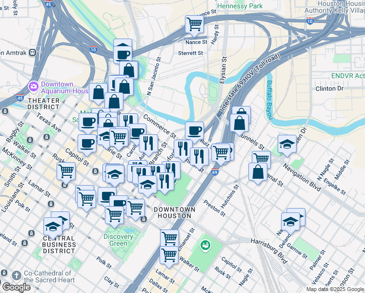 map of restaurants, bars, coffee shops, grocery stores, and more near in Houston