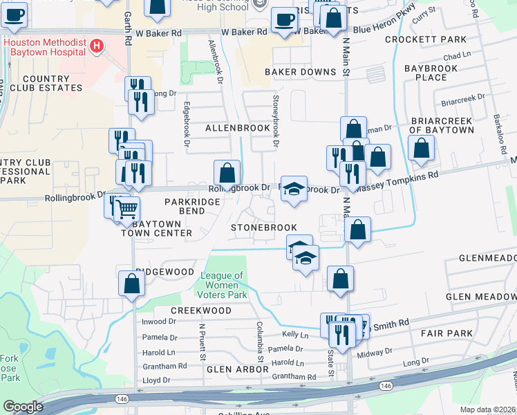 map of restaurants, bars, coffee shops, grocery stores, and more near 619 Rollingbrook Drive in Baytown