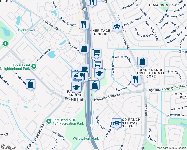 map of restaurants, bars, coffee shops, grocery stores, and more near 1317 West Grand Parkway South in Katy