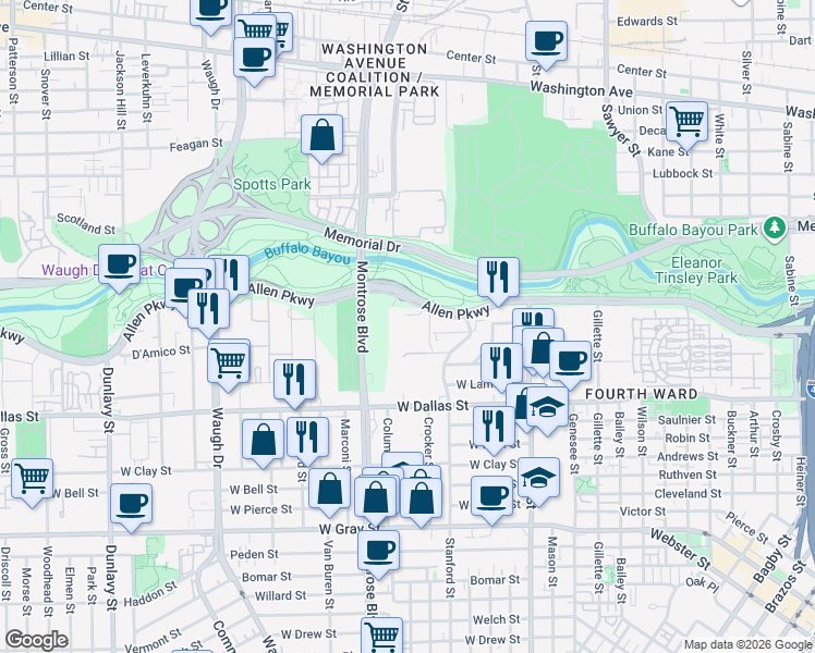 map of restaurants, bars, coffee shops, grocery stores, and more near 2121 Allen Parkway in Houston