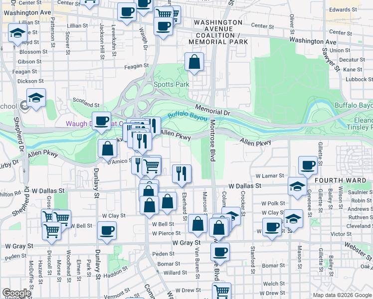 map of restaurants, bars, coffee shops, grocery stores, and more near 2727 Allen Parkway in Houston