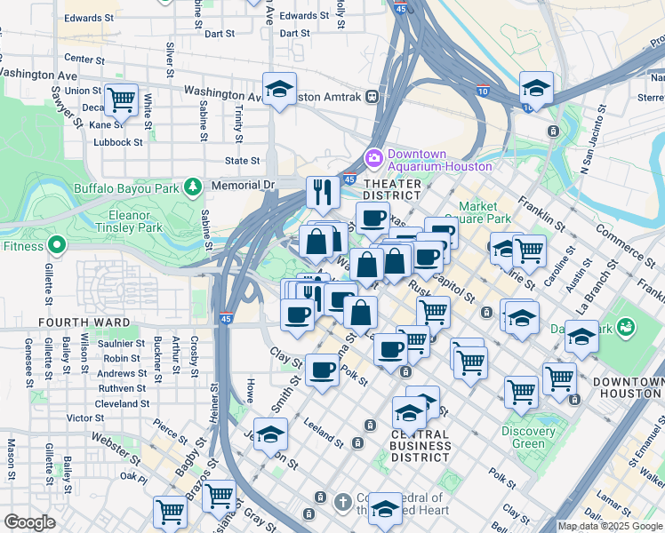 map of restaurants, bars, coffee shops, grocery stores, and more near 1200 West Walker Tunnel in Houston